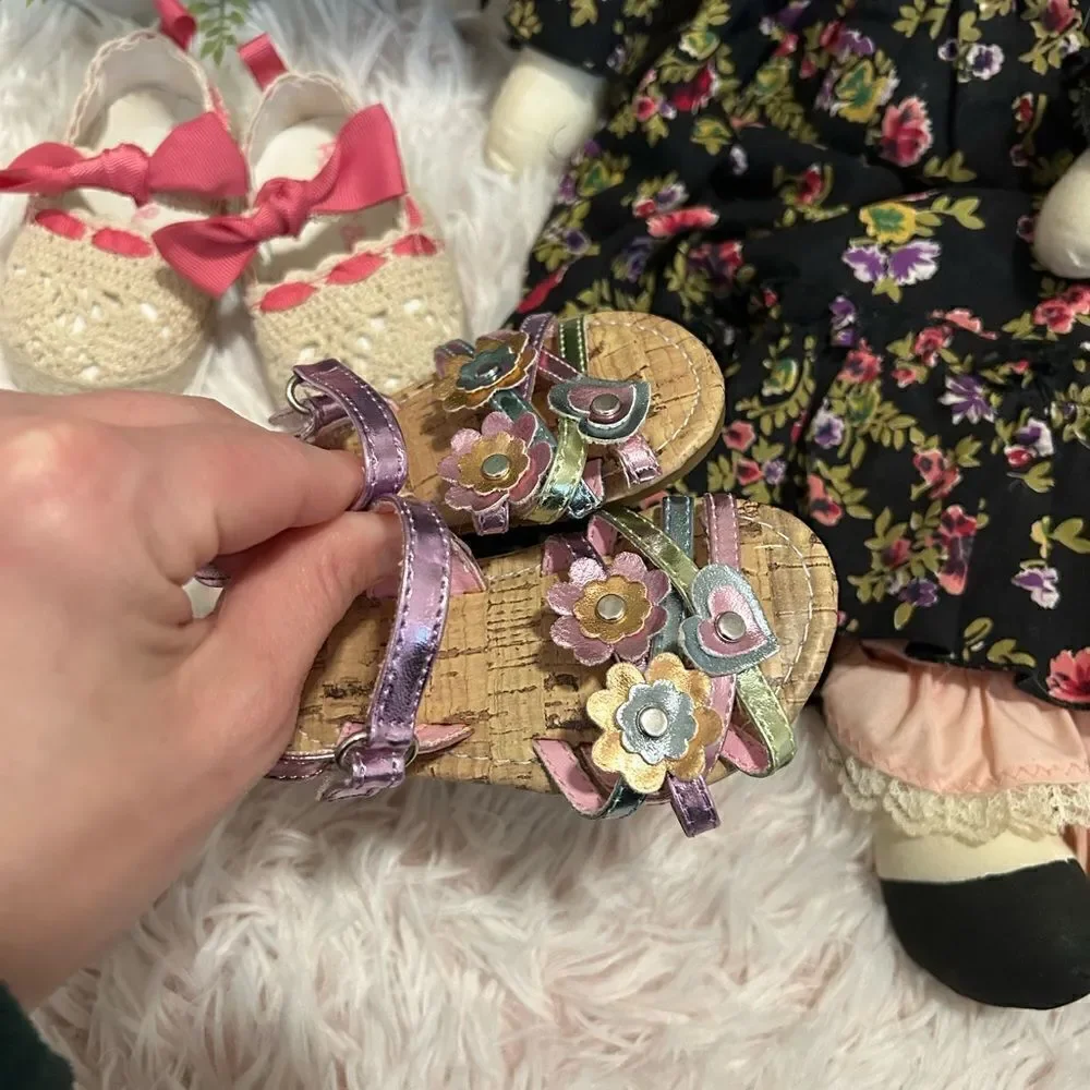 Rising Star Cream Pink Bow Crochet Flats & colorful‎ Sandals baby sz 2